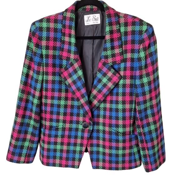Vintage 80s/90s Wool Blend Bright Check Plaid Jacket Women Size Large Pink Blue - Picture 1 of 9